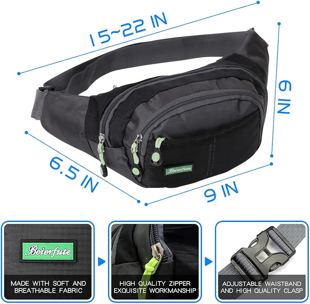 Workout Waist Pack, Running Belt Fanny Bag for Sports Traveling, Lightweight Casual Hands-Free Wallet Crossbody All Phone Storage Carrying Adjustable Strap Pouch, 4 zipper pockets Black & Blue