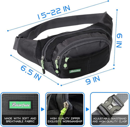 Workout Waist Pack, Running Belt Fanny Bag for Sports Traveling, Lightweight Casual Hands-Free Wallet Crossbody All Phone Storage Carrying Adjustable Strap Pouch, 4 zipper pockets Black & Blue
