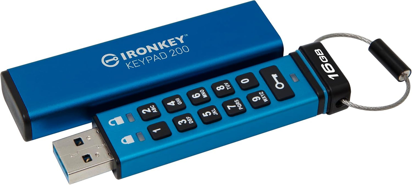 Kingston Ironkey Keypad 200 16GB Encrypted USB | Alphanumeric Keypad | Multi-Pin Access | XTS-AES 256-bit | FIPS 140-3 Level 3 Certified | Brute Force & BadUSB Protection | IKKP200/16GB,Blue