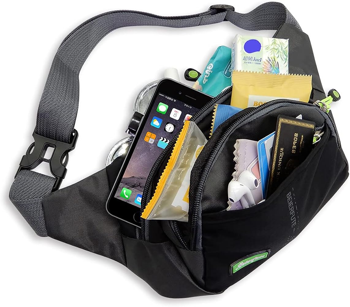 Workout Waist Pack, Running Belt Fanny Bag for Sports Traveling, Lightweight Casual Hands-Free Wallet Crossbody All Phone Storage Carrying Adjustable Strap Pouch, 4 zipper pockets Black & Blue