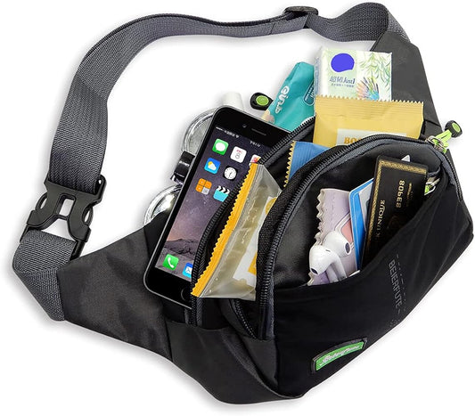 Workout Waist Pack, Running Belt Fanny Bag for Sports Traveling, Lightweight Casual Hands-Free Wallet Crossbody All Phone Storage Carrying Adjustable Strap Pouch, 4 zipper pockets Black & Blue