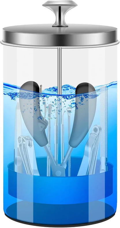 Nail Tool Disinfectant Jar - 21Oz Glass Sterilizer with Removable Strainer Tray - for Manicure & Barber Supplies Storage and OrganizationDisinfectant Jar