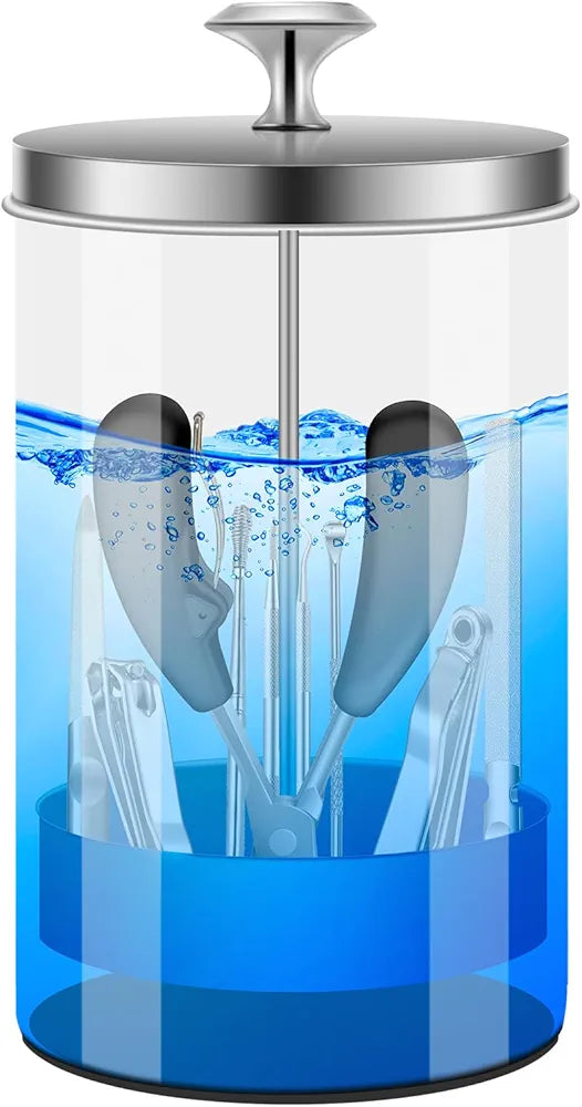 Nail Tool Disinfectant Jar - 21Oz Glass Sterilizer with Removable Strainer Tray - for Manicure & Barber Supplies Storage and OrganizationDisinfectant Jar