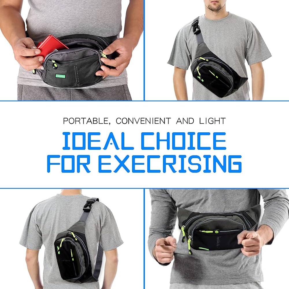 Workout Waist Pack, Running Belt Fanny Bag for Sports Traveling, Lightweight Casual Hands-Free Wallet Crossbody All Phone Storage Carrying Adjustable Strap Pouch, 4 zipper pockets Black & Blue