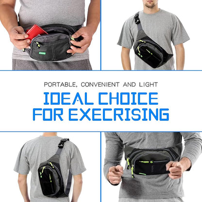 Workout Waist Pack, Running Belt Fanny Bag for Sports Traveling, Lightweight Casual Hands-Free Wallet Crossbody All Phone Storage Carrying Adjustable Strap Pouch, 4 zipper pockets Black & Blue