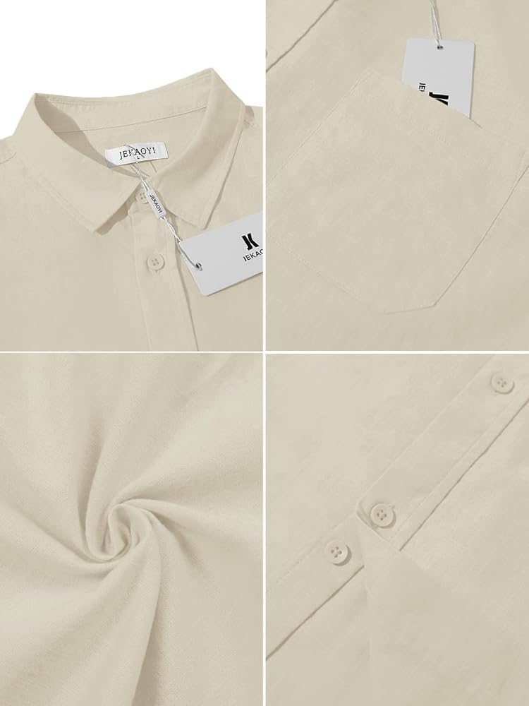 Button Down Linen Shirts for Men Casual Long Sleeve Regular Fit Cotton Beach Shirts with Pocket