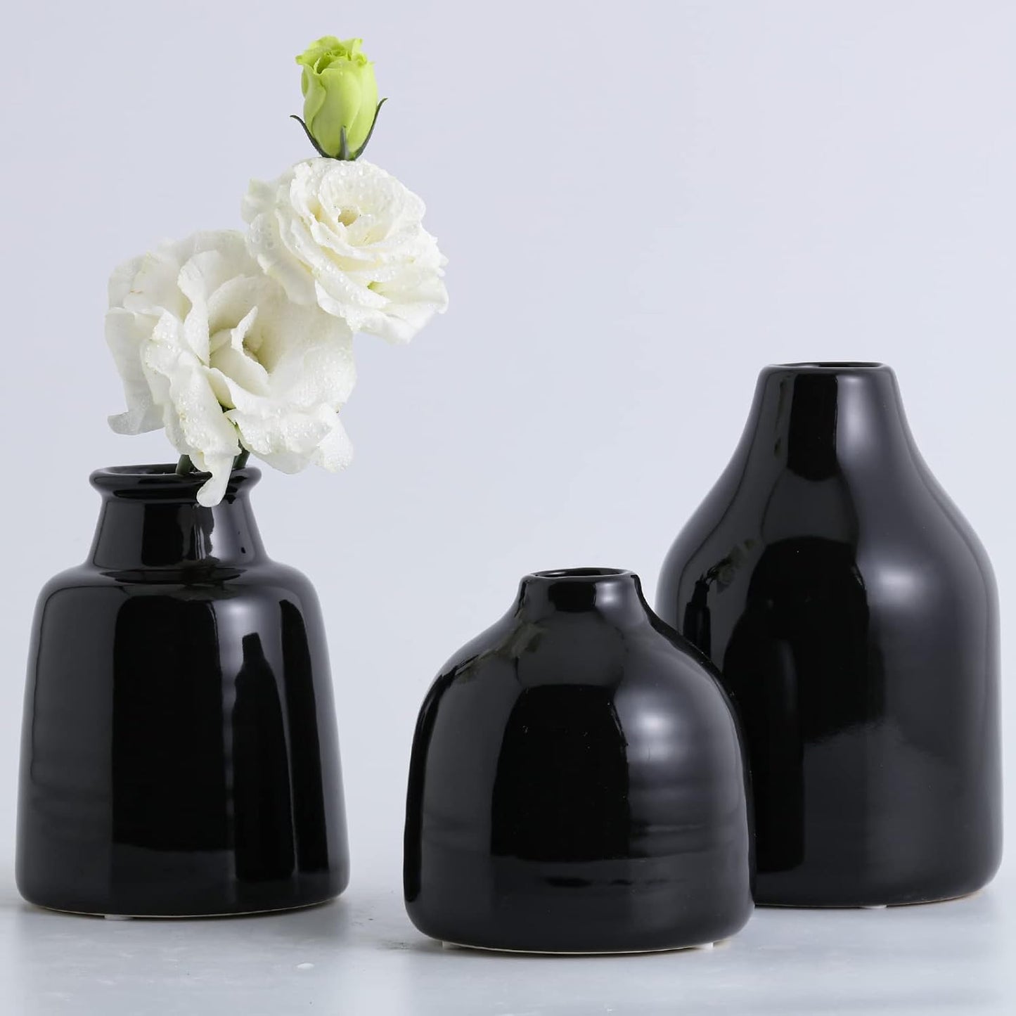 Matte Black Set of 3 Small Ceramic Bottle Vases
