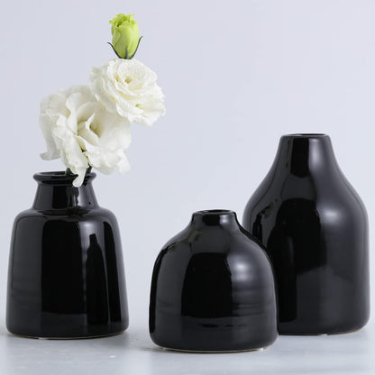 Matte Black Set of 3 Small Ceramic Bottle Vases