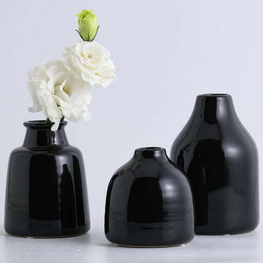 Matte Black Set of 3 Small Ceramic Bottle Vases