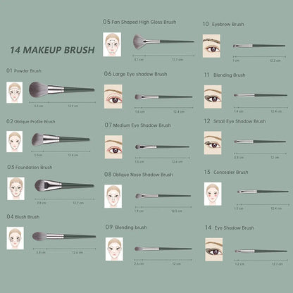 Makeup Brushes With Bag 14PCs Professional Makeup Brush Set，Premium Synthetic Foundation Concealer Powder Blush Eyeshadow Eyebrow Blending Travel Make Up Brushes 