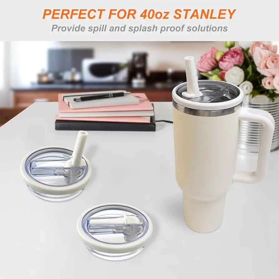 2 Pack Flip Straw Leak Proof Lid for Stanley 40 oz Tumbler Quencher - 40oz Reusable Spill Proof Lid Top Cover Stanley Cup Accessories - Replacement of Leaking Original Stanley Lids - Beige