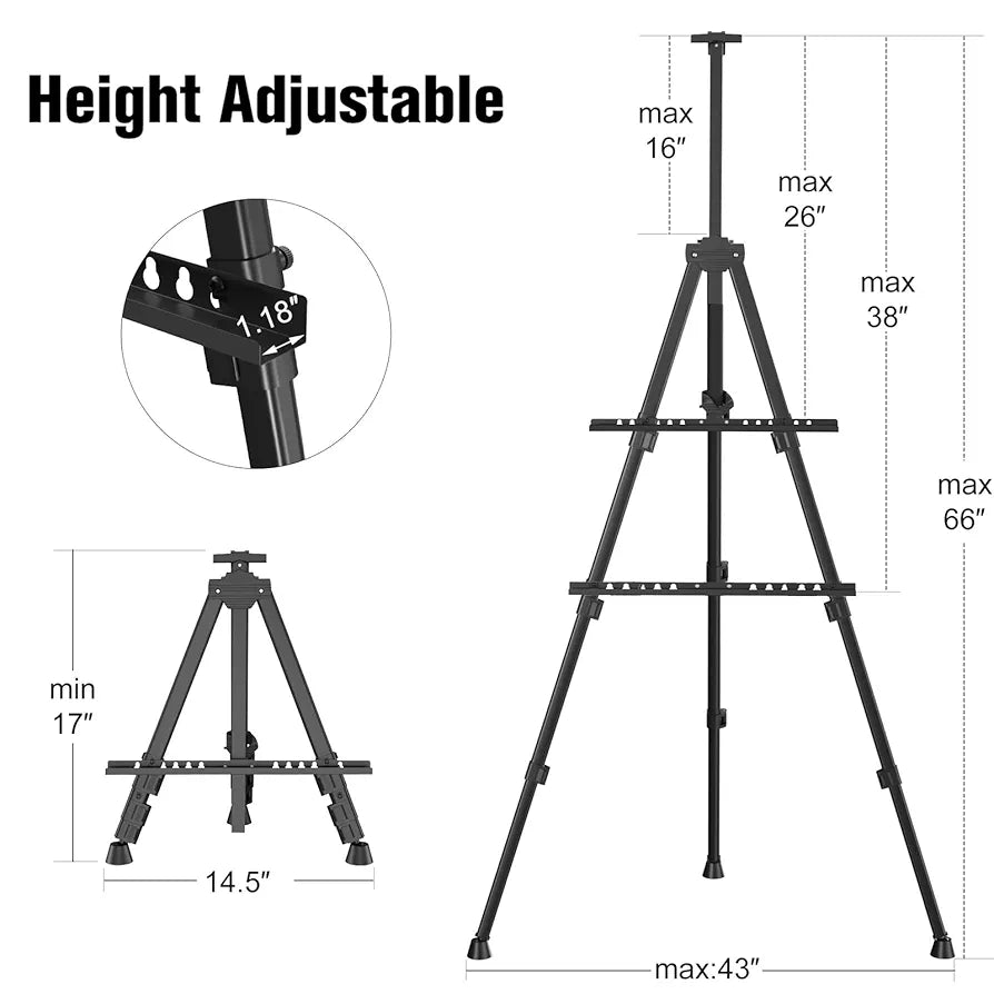 Professional Adjustable Aluminum Art Easel Stand - Portable & Lightweight for Artists - Perfect for Tabletop or Floor Display (Black)