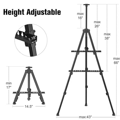 Professional Adjustable Aluminum Art Easel Stand - Portable & Lightweight for Artists - Perfect for Tabletop or Floor Display (Black)