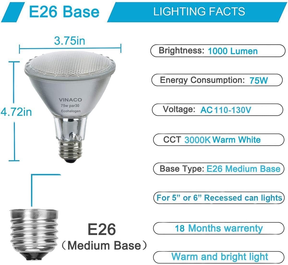 Vinaco Halogen PAR30 Long Neck 75W 120V 1000LM, 6 Pack High Output Halogen PAR30 Dimmable 3000K Warm White with E26 Base, Long Lifespan Long Neck Flood Light Bulb with CRI100 for Tracking Lighting