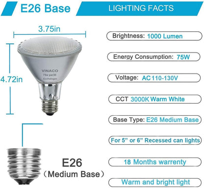 Vinaco Halogen PAR30 Long Neck 75W 120V 1000LM, 6 Pack High Output Halogen PAR30 Dimmable 3000K Warm White with E26 Base, Long Lifespan Long Neck Flood Light Bulb with CRI100 for Tracking Lighting