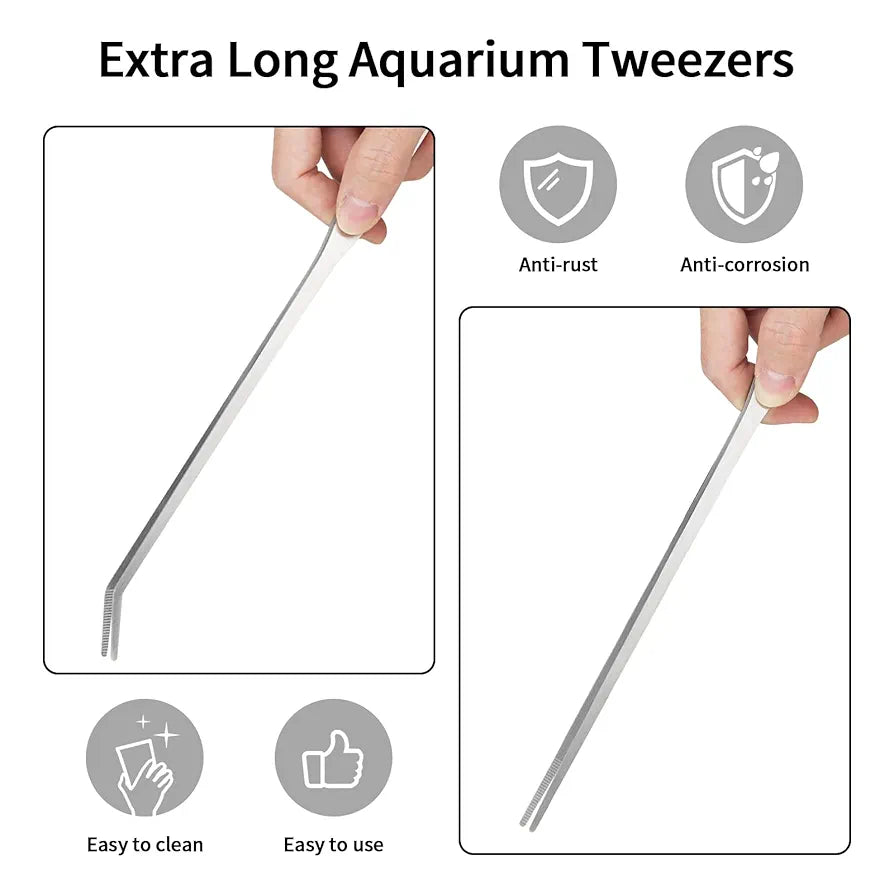 2PCS Long Aquarium Tweezers - 10.6" Straight and Curved Tweezers, Stainless Steel Reptile Feeding tongs, Terrarium Aquascape Tools Feeder for Lizards, Bearded Dragon Snake Tank Accessories