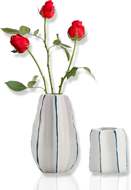 CLYANCE Ceramic Vase, Set of 2 White Hand Painted Line Boho Vases, 8.66in Height, Home Decoration, Ideal Gifts for Anniversary, Birthday, Engagement, Retirement, Housewarming