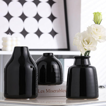 Matte Black Set of 3 Small Ceramic Bottle Vases