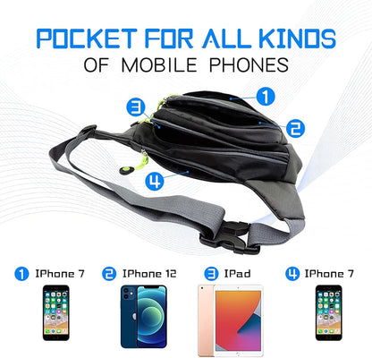 Workout Waist Pack, Running Belt Fanny Bag for Sports Traveling, Lightweight Casual Hands-Free Wallet Crossbody All Phone Storage Carrying Adjustable Strap Pouch, 4 zipper pockets Black & Blue