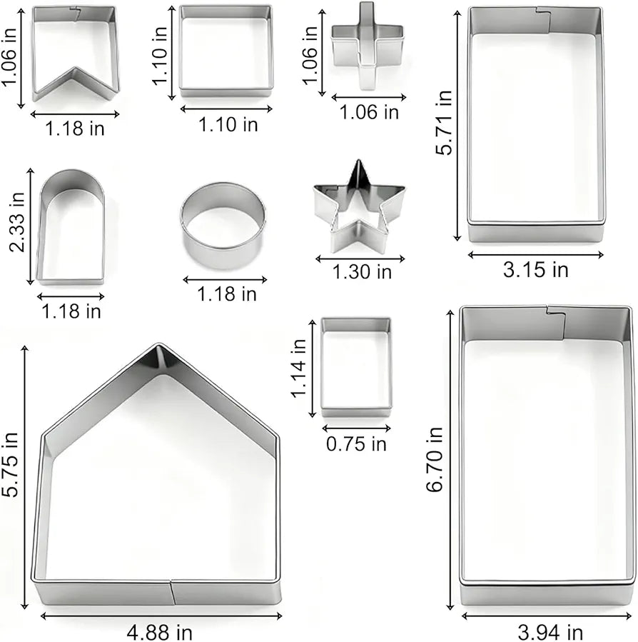 10Pcs Gingerbread House Cookie Cutters Set for Christmas Winter Holiday Baking and Decoration, Stainless Steel 3D Gingerbread House Kit for Kids Adults, Gift Package