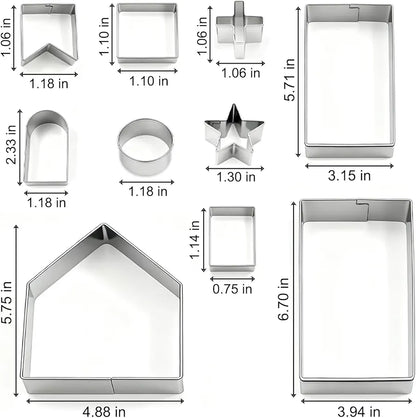 10Pcs Gingerbread House Cookie Cutters Set for Christmas Winter Holiday Baking and Decoration, Stainless Steel 3D Gingerbread House Kit for Kids Adults, Gift Package