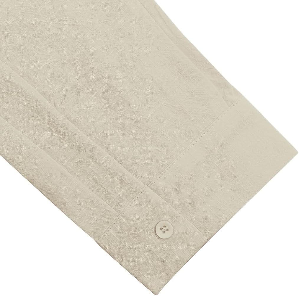 Button Down Linen Shirts for Men Casual Long Sleeve Regular Fit Cotton Beach Shirts with Pocket