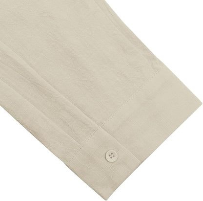 Button Down Linen Shirts for Men Casual Long Sleeve Regular Fit Cotton Beach Shirts with Pocket