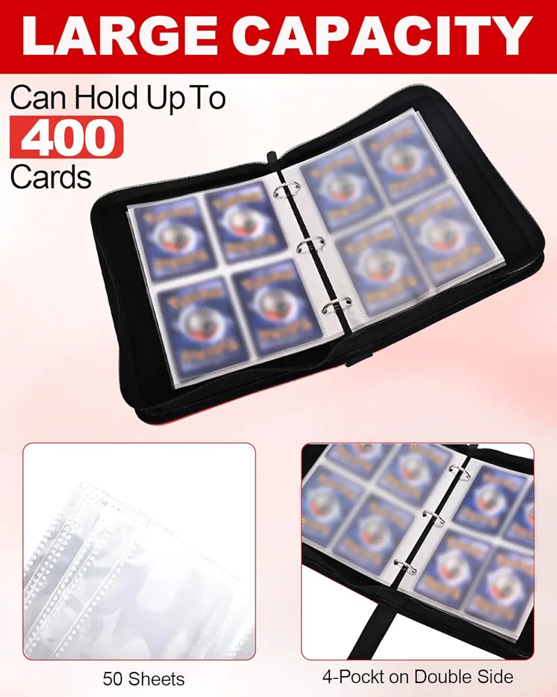 4 Pocket Trading Card Binder, Waterproof Cards Collection Binder with 50 Removable Sheets for 400 Cards Storage, Card Holder Book for TCG,MTG