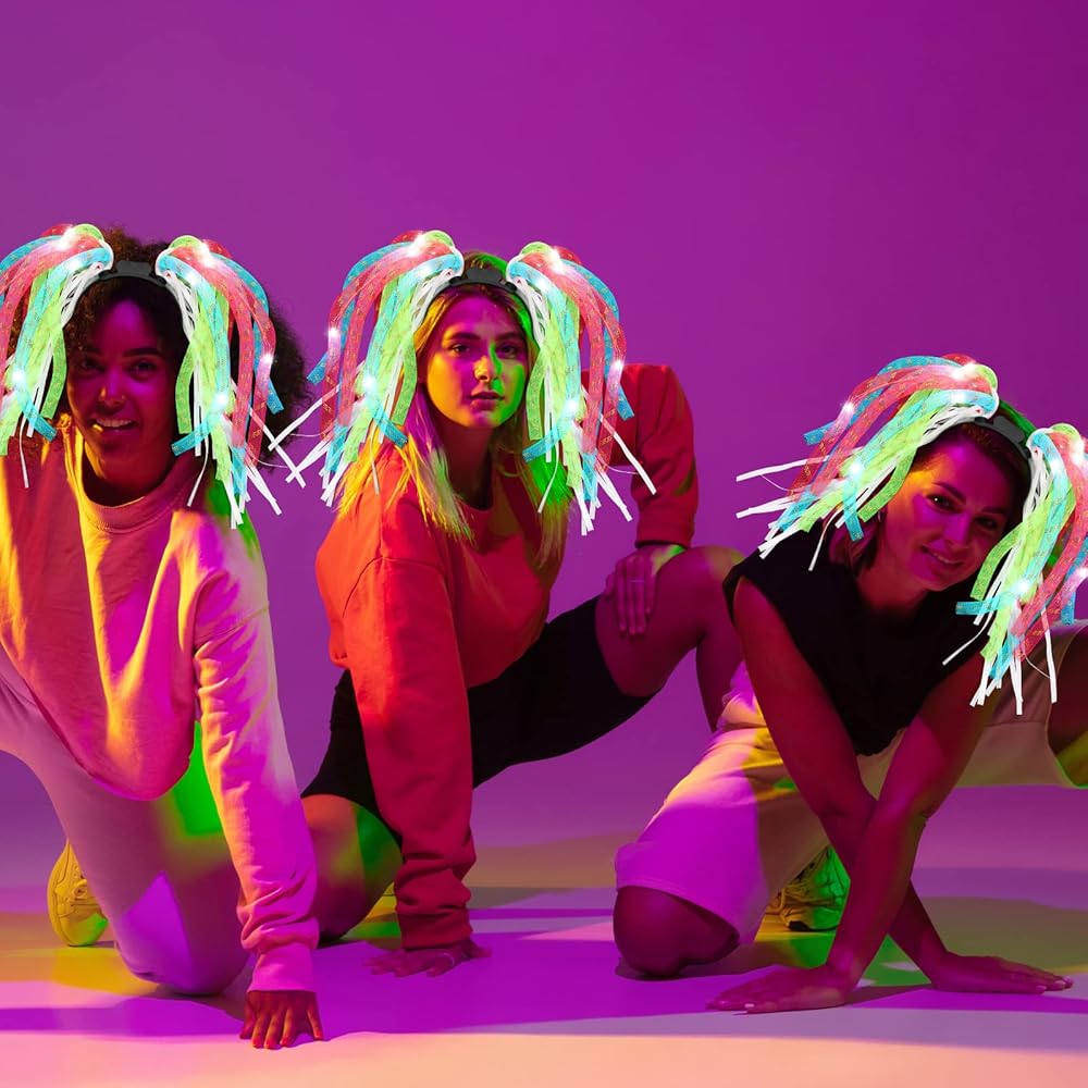 Jexine 4 Pack Light up Noodle Rave Headband LED Springy Mesh Noodle Headband Accessory for Birthday Dance Nightly Parades