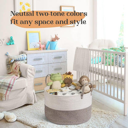 Luxury Little XXXL Nursery Storage Basket, 22 x 22 x 14 inches - 100% Cotton Rope Basket with Handles, Laundry Basket for Toys, Blankets and Pillows - Off White & Beige