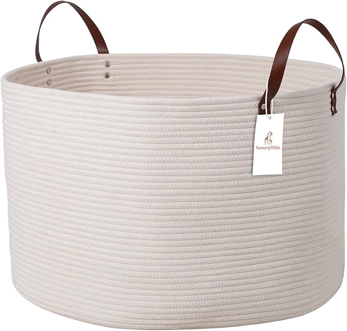 Luxury Little XXXL Nursery Storage Basket, 22 x 22 x 14 inches - 100% Cotton Rope Basket with Handles, Laundry Basket for Toys, Blankets and Pillows - Off White & Beige