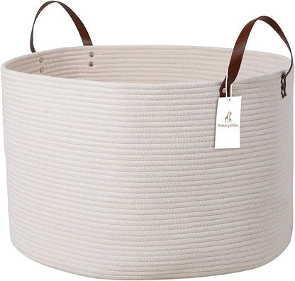 Luxury Little XXXL Nursery Storage Basket, 22 x 22 x 14 inches - 100% Cotton Rope Basket with Handles, Laundry Basket for Toys, Blankets and Pillows - Off White & Beige
