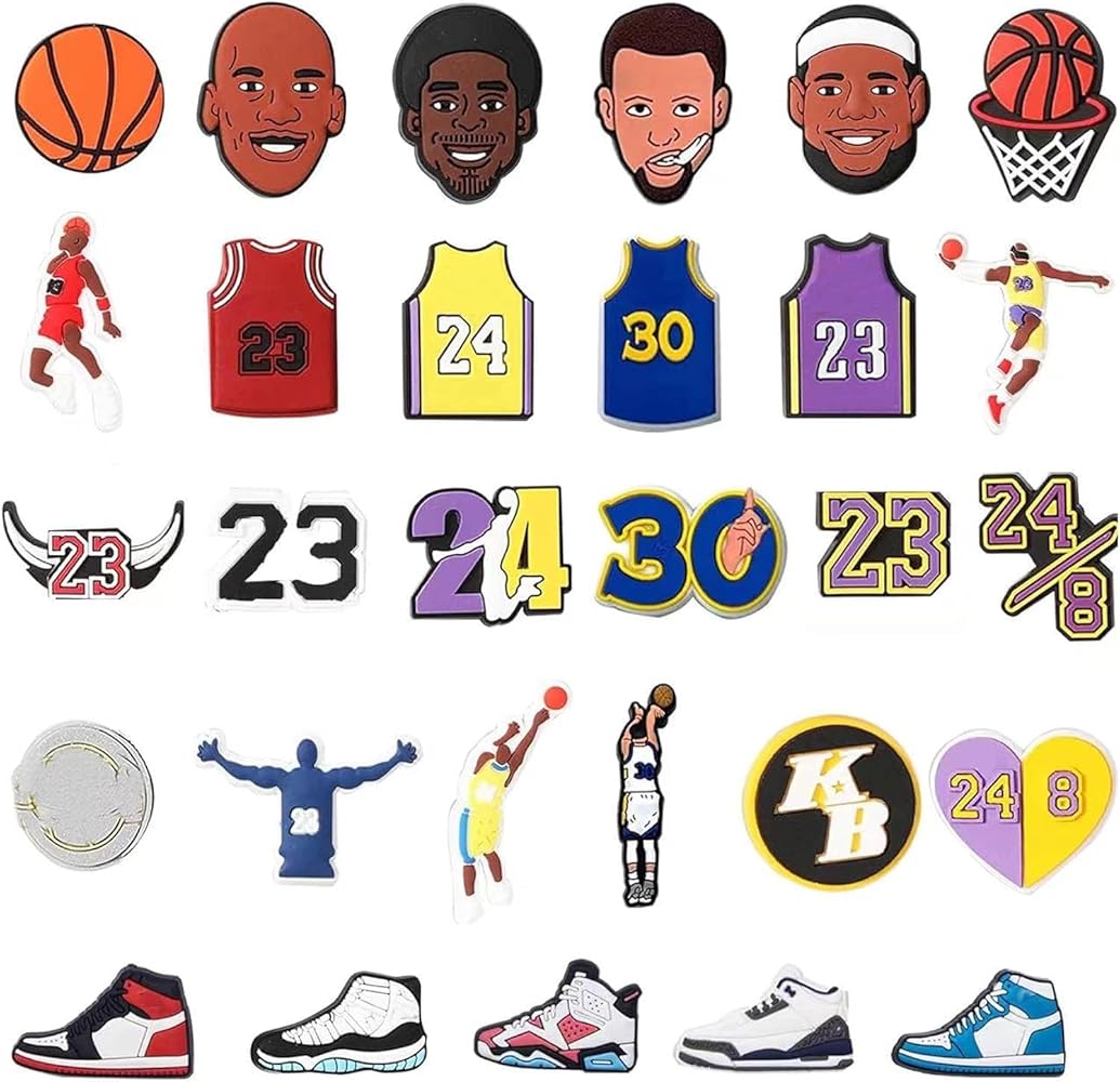 30pcs Basketball Shoes Charms for Boys, Unduplicated Shoe Charms for Boys Gift Decor PVC Sports Shoe Charms for Teens Man Party Favors