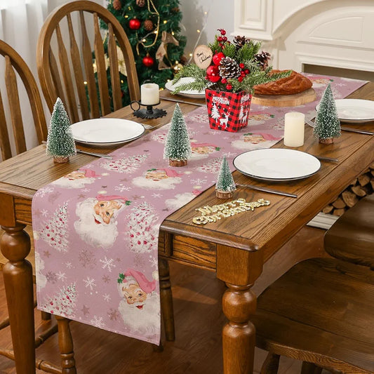Siilues Christmas Table Runner, Santa Claus Christmas Decorations Pink Christmas Runner for Table Seasonal Winter Holiday Decor for Indoor Outdoor Dining Table Decorations 