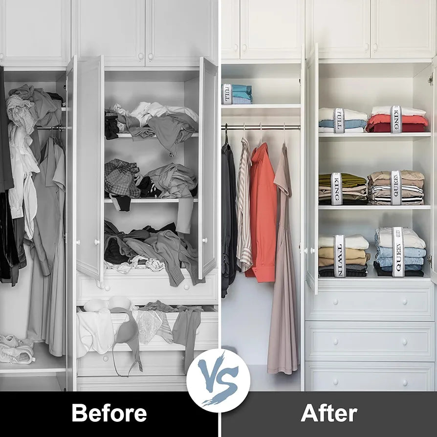 ORGANIZE YOUR LINEN CLOSET: Adjustable Bed Sheet Organizer Bands with Velcro & Labels - Keep Bedding Tidy!