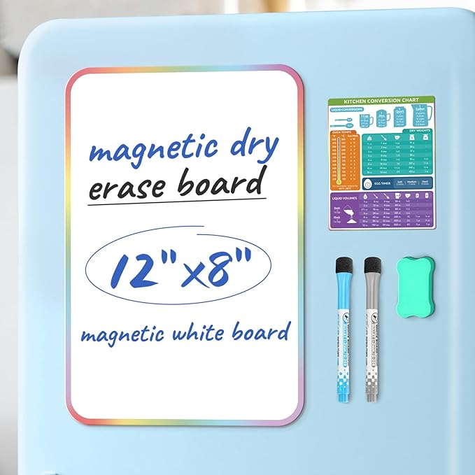 Premium Magnetic Dry Erase Board for Fridge - 12"x8" Kitchen Whiteboard Organizer with Eraser, Markers & Conversion Chart - Perfect for Notes & To-Do Lists