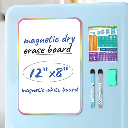 Premium Magnetic Dry Erase Board for Fridge - 12"x8" Kitchen Whiteboard Organizer with Eraser, Markers & Conversion Chart - Perfect for Notes & To-Do Lists