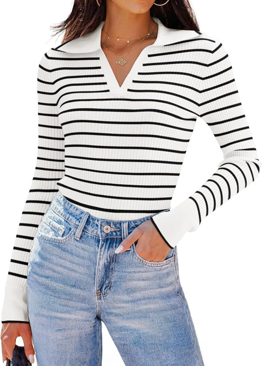ZESICA Women's Long Sleeve V Neck Knit Tops Spring Striped Sweater Slim Fit Casual Basic Tee Tops