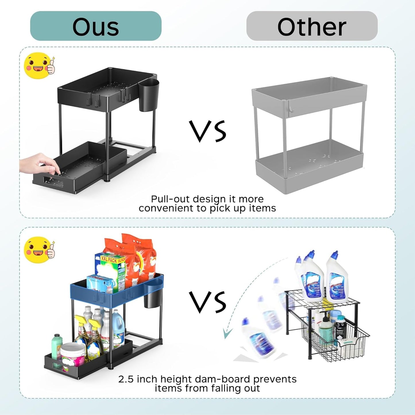 Black Under Sink Organizers, 2 Pack Multi-Purpose Pull-out Bathroom Organizers and Storage, 2 Tier Kitchen and Bathroom Sink Cabinet Organizer with Sliding Drawer