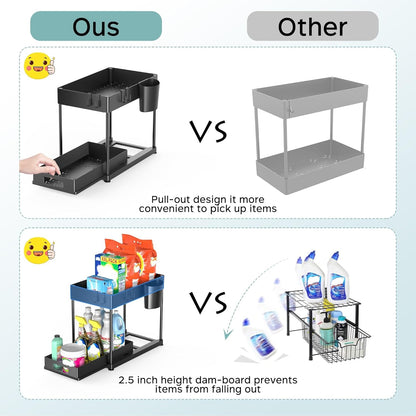 Black Under Sink Organizers, 2 Pack Multi-Purpose Pull-out Bathroom Organizers and Storage, 2 Tier Kitchen and Bathroom Sink Cabinet Organizer with Sliding Drawer