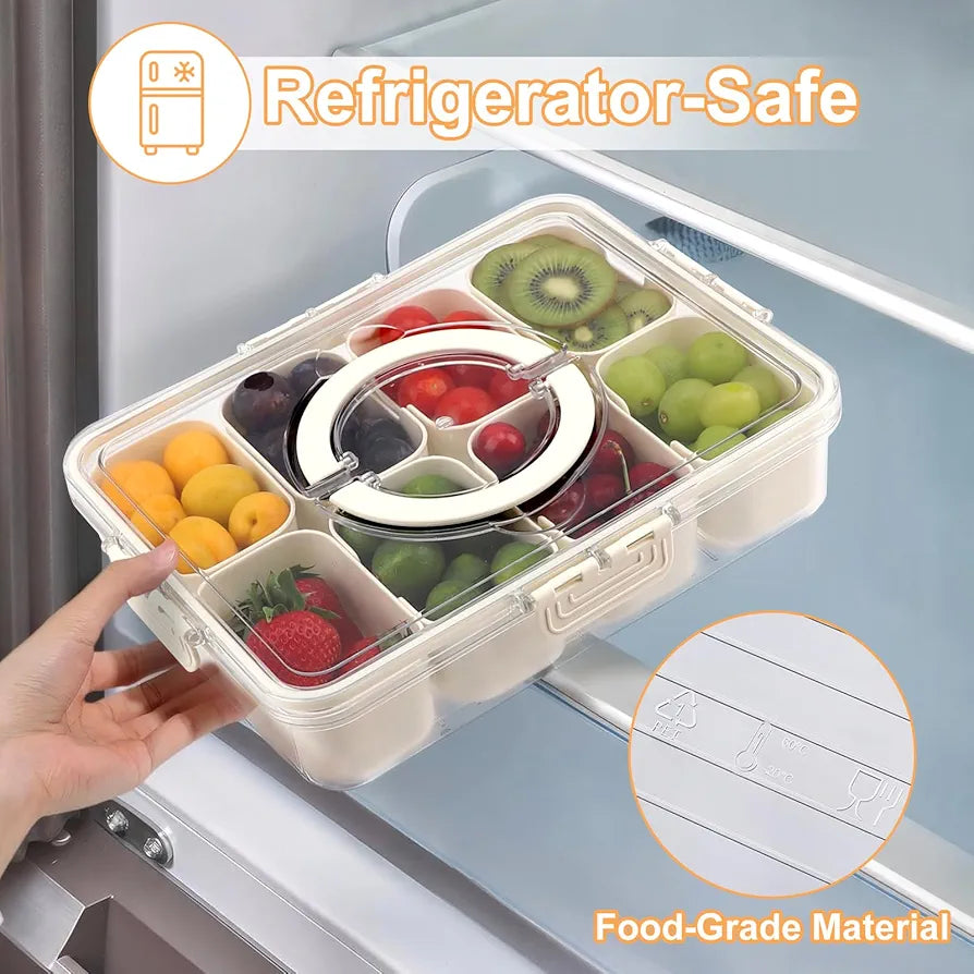 Premium Divided Serving Tray with Lid & Handle - 8 Compartment Snackle Box for Charcuterie, Snacks, Fruits & More!