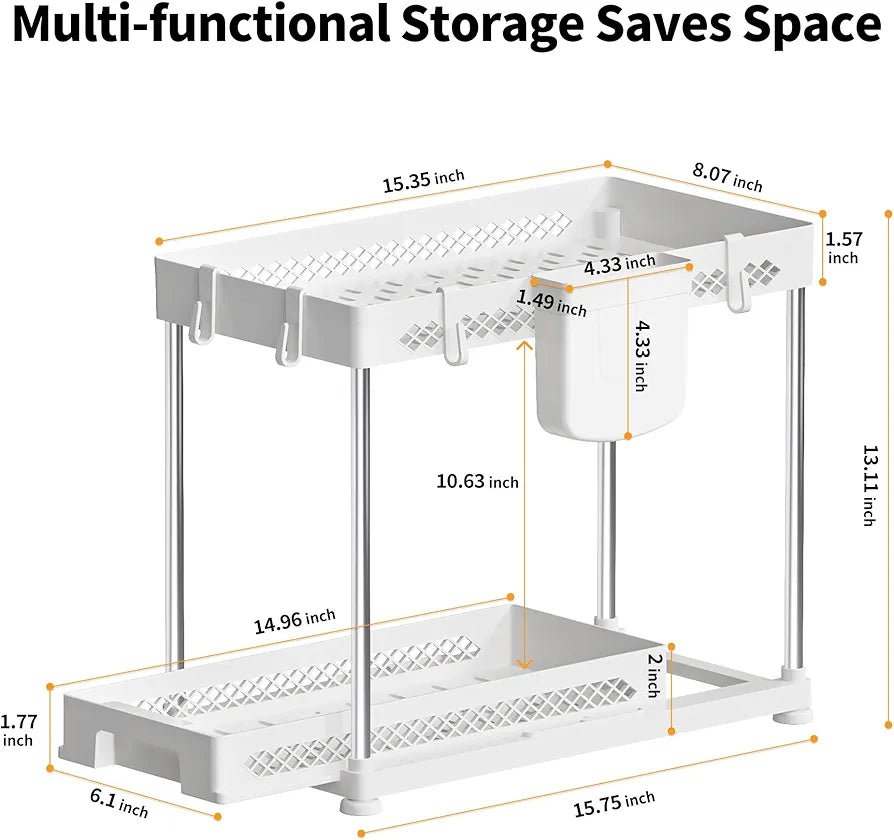 Under Sink Organizers, 2 Pack Multi-Purpose Pull-out Bathroom Organizers and Storage, 2 Tier Kitchen and Bathroom Sink Cabinet Organizer with Sliding Drawer, White