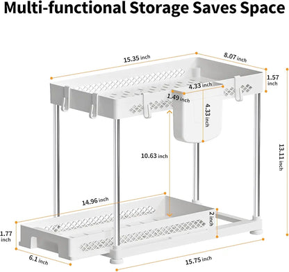 Under Sink Organizers, 2 Pack Multi-Purpose Pull-out Bathroom Organizers and Storage, 2 Tier Kitchen and Bathroom Sink Cabinet Organizer with Sliding Drawer, White