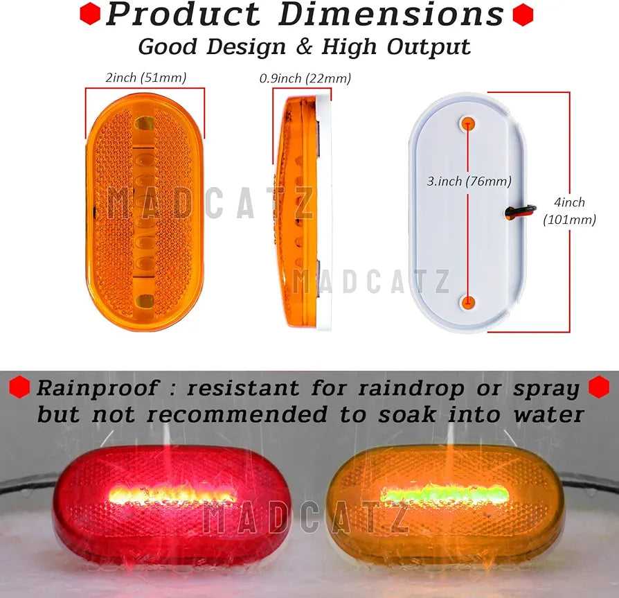 MADCATZ 5 Red + 7 Amber 4 Inch Oblong Side Marker Trailer Indicator Lights 6 LED Clearance Lamp Pickup Caravan Tow Truck Van RV Bus Lorry ATV 12V DC TT12