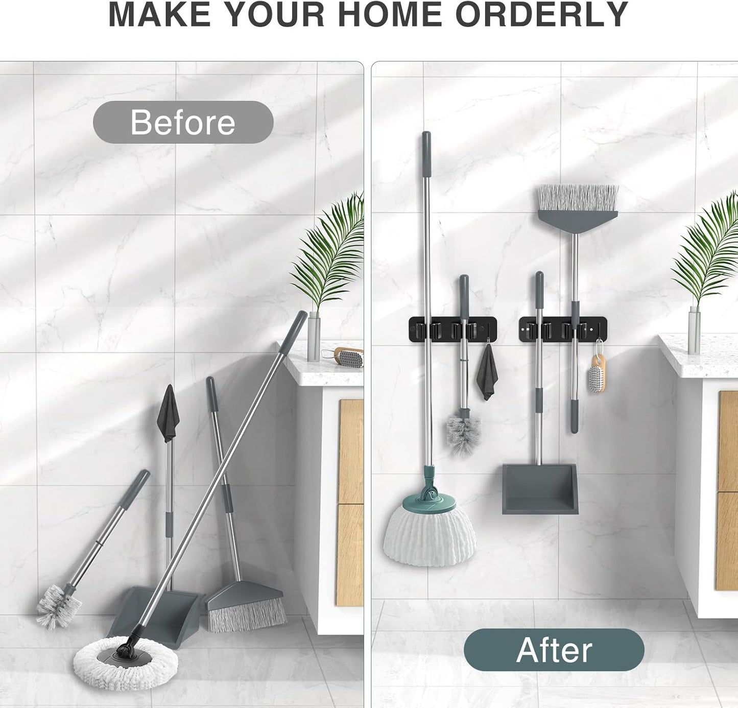 HomEasy Wall Mount Mop and Broom Holder,| 2-Pack, 2-in-1