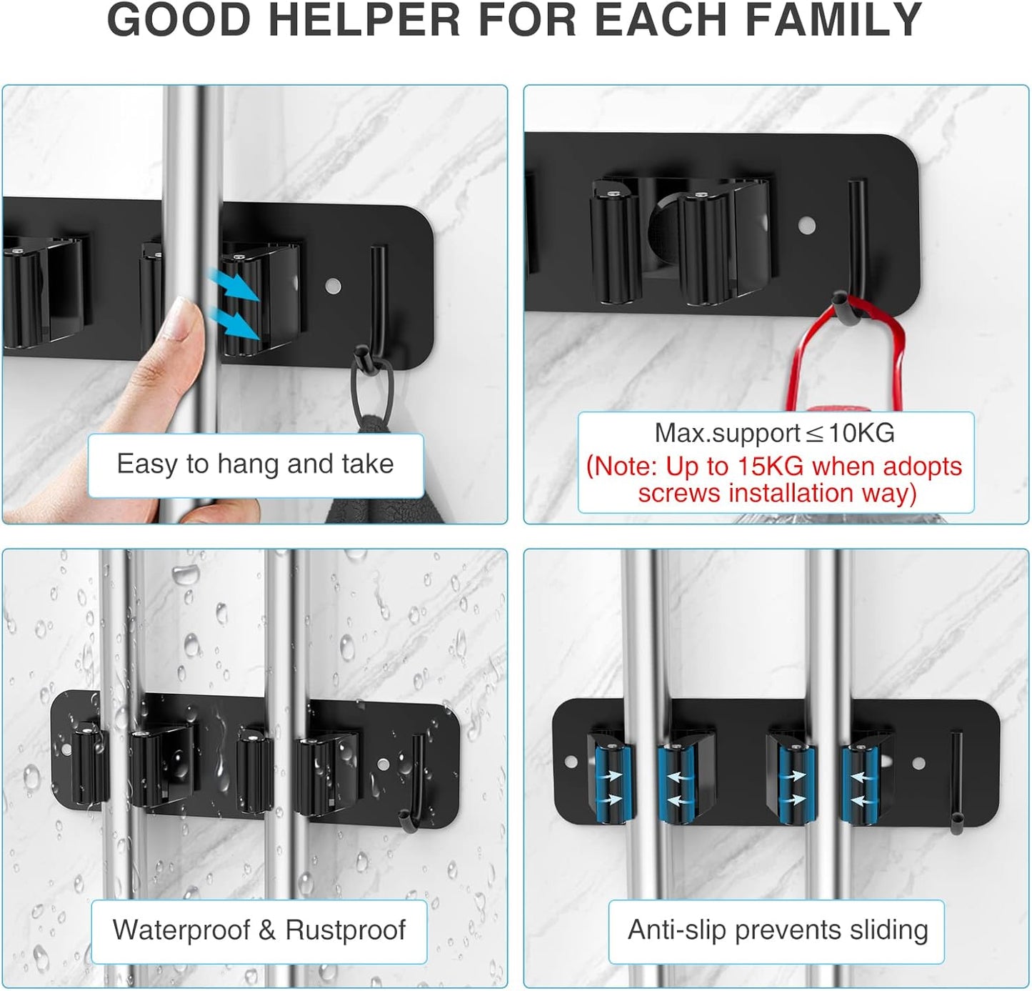 HomEasy Wall Mount Mop and Broom Holder,| 2-Pack, 2-in-1