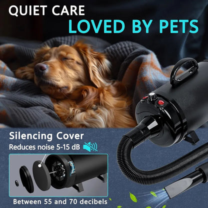 High Velocity Dog Hair Dryer 5.2HP/ 3800W Professional Dogs Blower Grooming Dryer, Adjustable Temperature and Speed Pet Dryers with 4 Nozzles and a Comb, Black