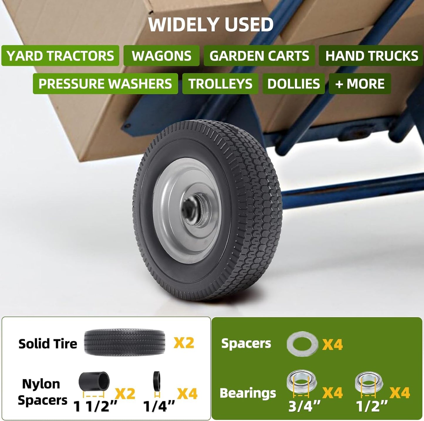 AR-PRO  10-Inch Solid Wheel Replacement - 4.10/3.50-4 Flat Free Tire and Wheel with 5/8 extra 3/4 &1/2 Bearings and 2.2" Offset Hub - Compatible with Hand Truck, Generator, Gorilla Carts
