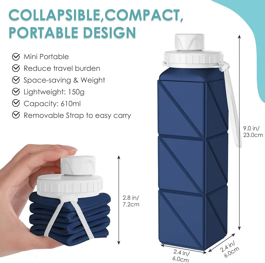 Collapsible Water bottles with Leakproof Lid –Food-Grade BPA-Free Silicone Travel Bottles–Foldable Water Bottles 610ml for Travel Gym,Hiking, Sports,Camping,Biking 20.7oz Portable Reusable