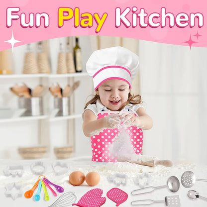 Kids Cooking Baking Set , Kids Kitchen Pretend Play Toys, Children Chef Role Play Costume Set - Chef Hat and Matching Pink Apron, Birthday Xmas Gifts for 3-8 Year Old Girls Toys